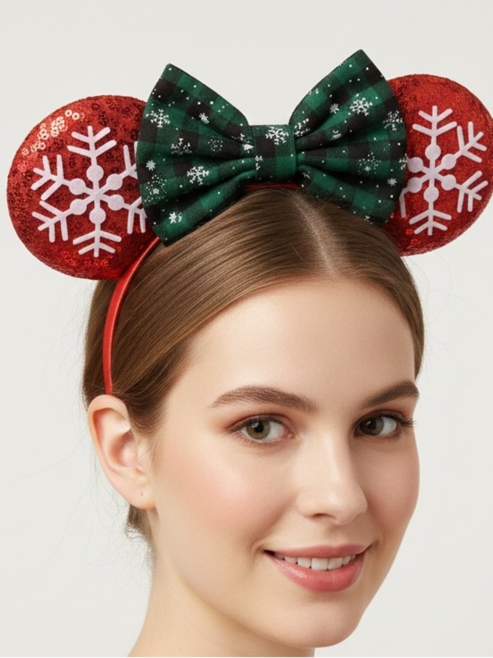 Festive Red Sequin Mouse Ears Headband with Green Plaid Bow